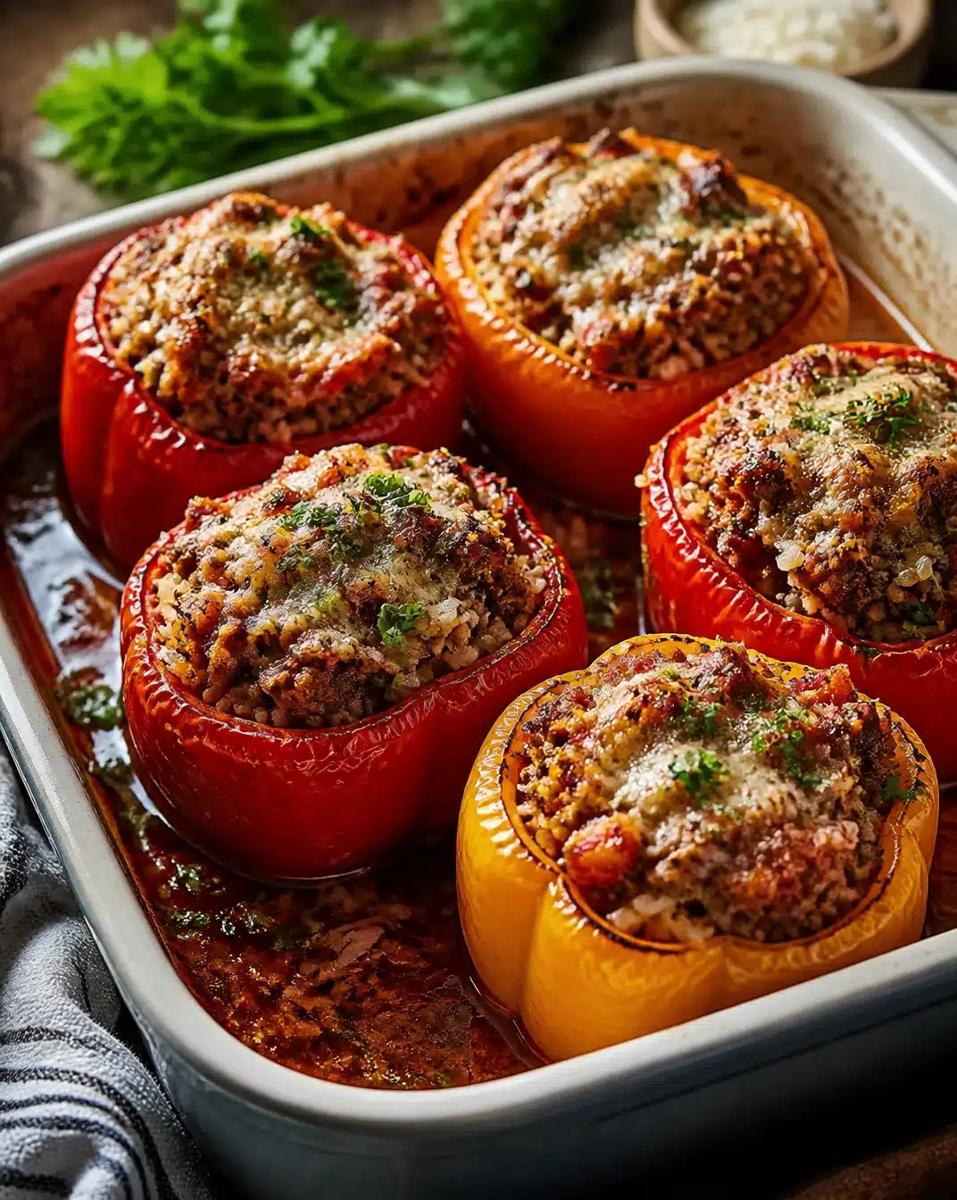 Colorful stuffed peppers filled with rice, vegetables, and herbs on a plate.