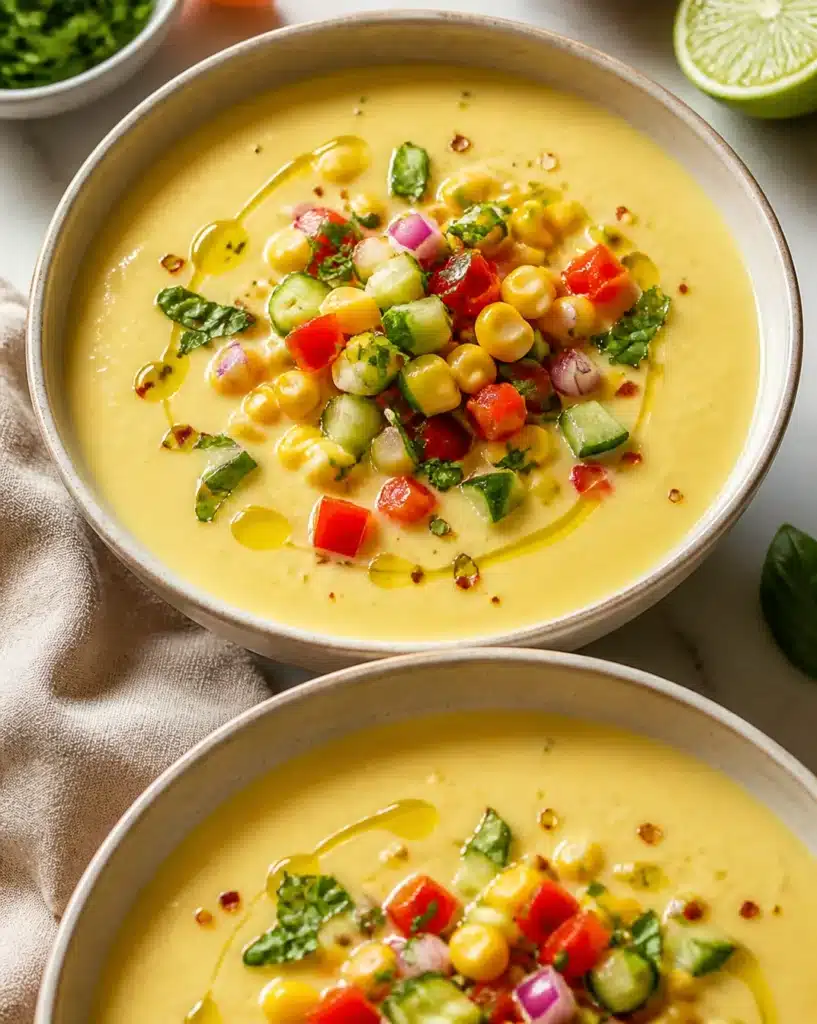 Chilled Sweet Corn Gazpacho served in a bowl with fresh herbs and corn garnish.