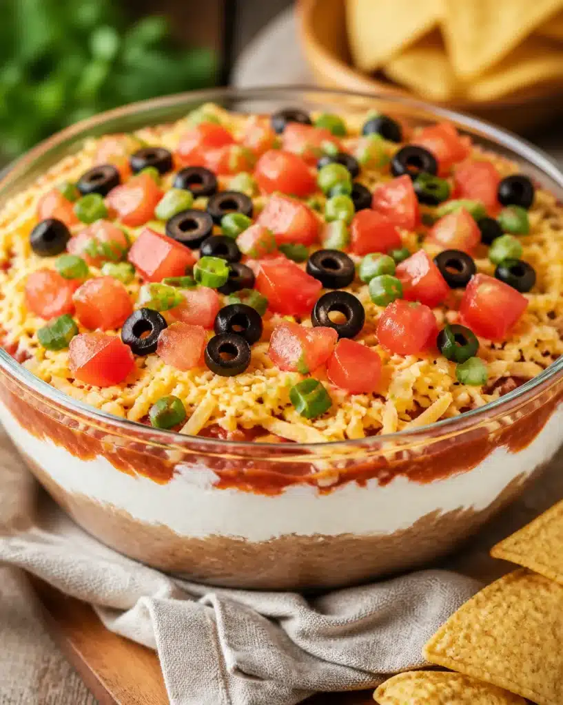 Delicious taco dip served in a bowl with tortilla chips on the side