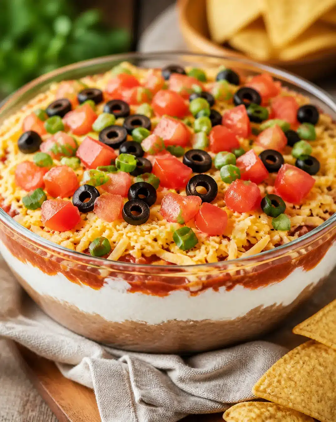 Delicious taco dip served in a bowl with tortilla chips on the side
