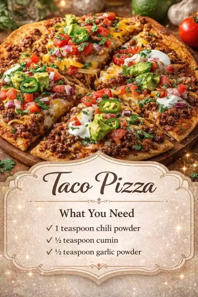 Delicious Taco Pizza topped with seasoned beef, cheese, lettuce, and tomatoes.