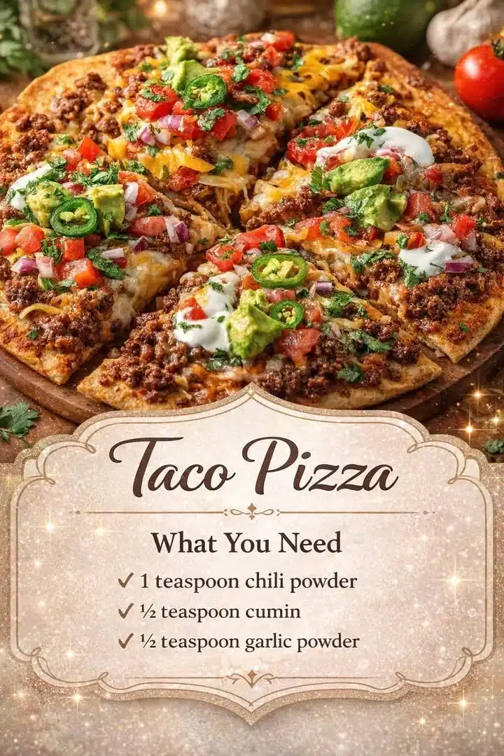Delicious Taco Pizza topped with seasoned beef, cheese, lettuce, and tomatoes.