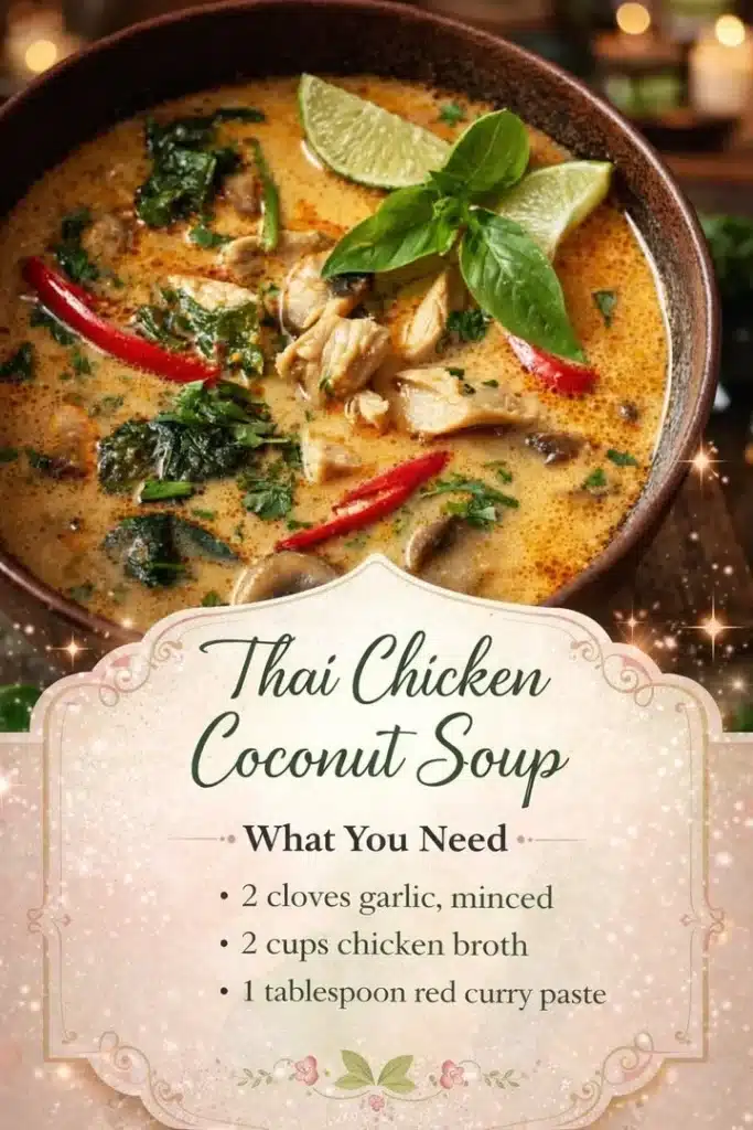 Bowl of Thai Chicken Coconut Soup with fresh herbs and lime