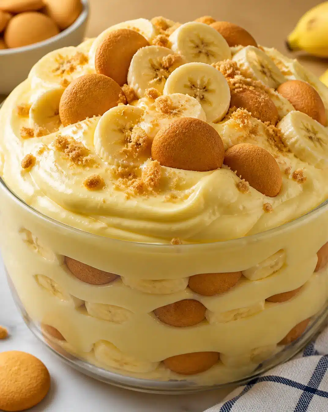 Thick and creamy banana pudding served in a bowl with bananas on top