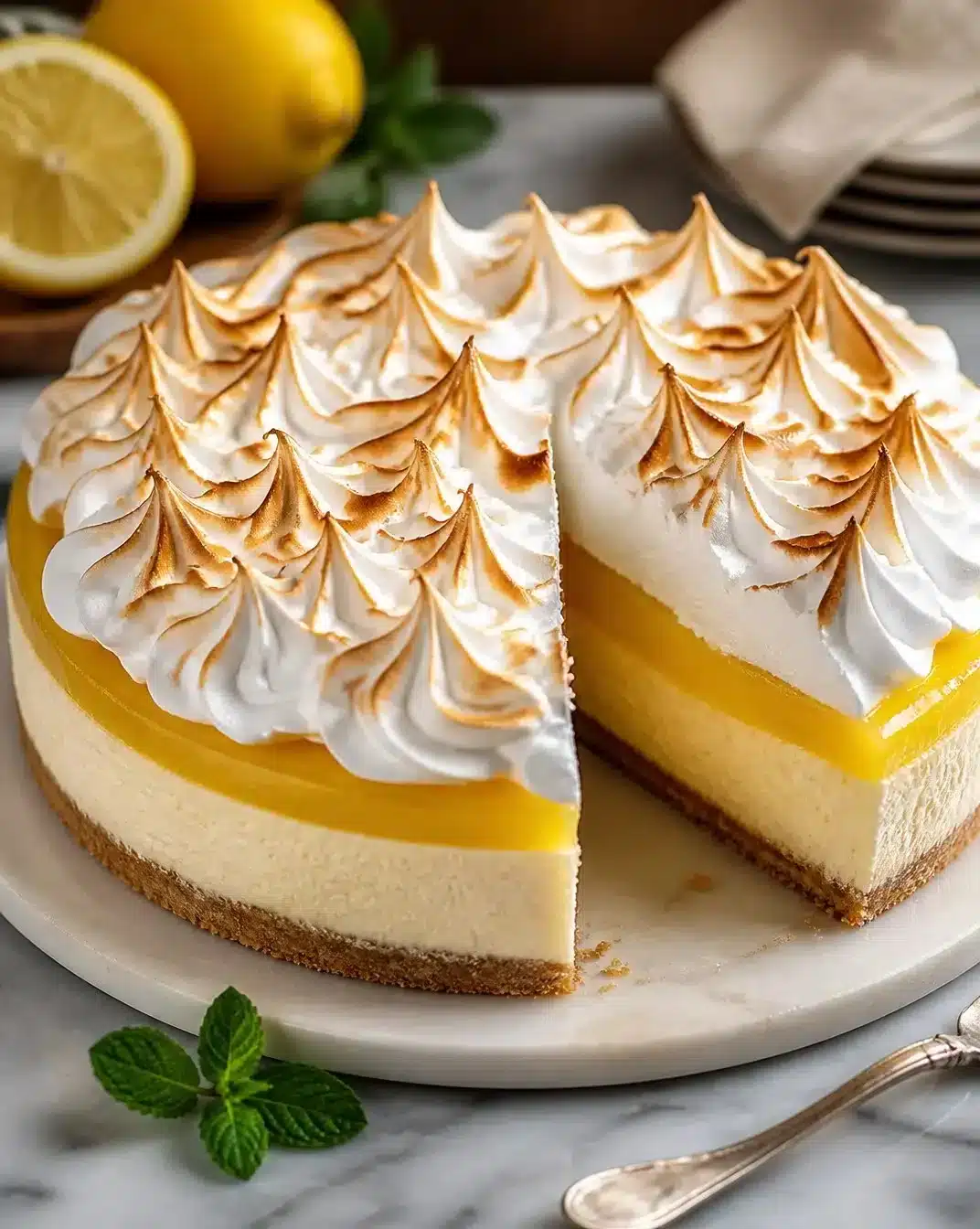 Threefold Lemon Meringue Cheesecake topped with fluffy meringue and lemon slices.