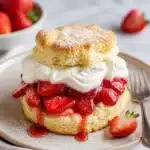 Delicious strawberry shortcake topped with fresh strawberries and whipped cream.