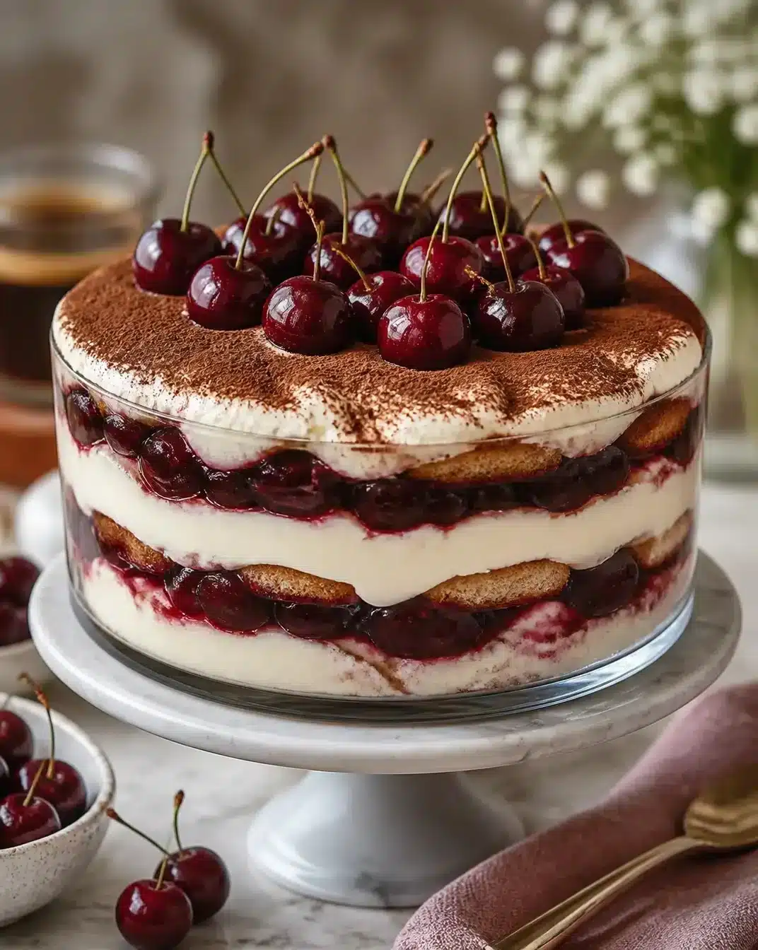 Delicious tiramisu dessert with cherry and amaretto topping.