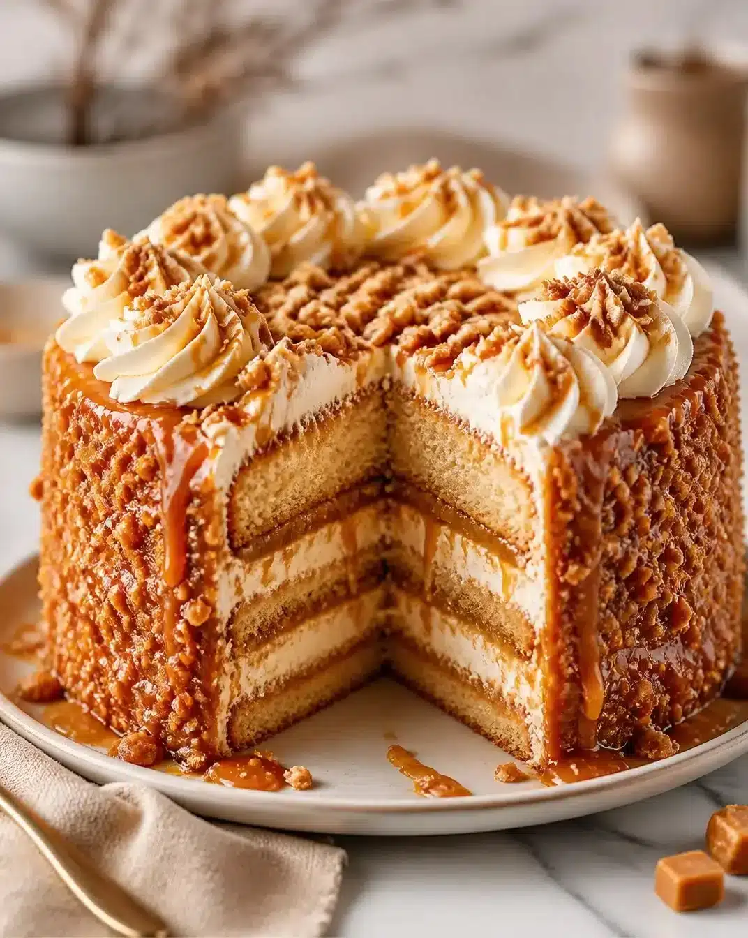 Toffee Crunch Layer Cake with rich layers and crunchy toffee topping