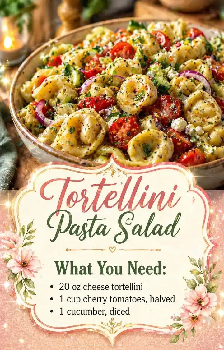Colorful Tortellini Pasta Salad with fresh vegetables and dressing