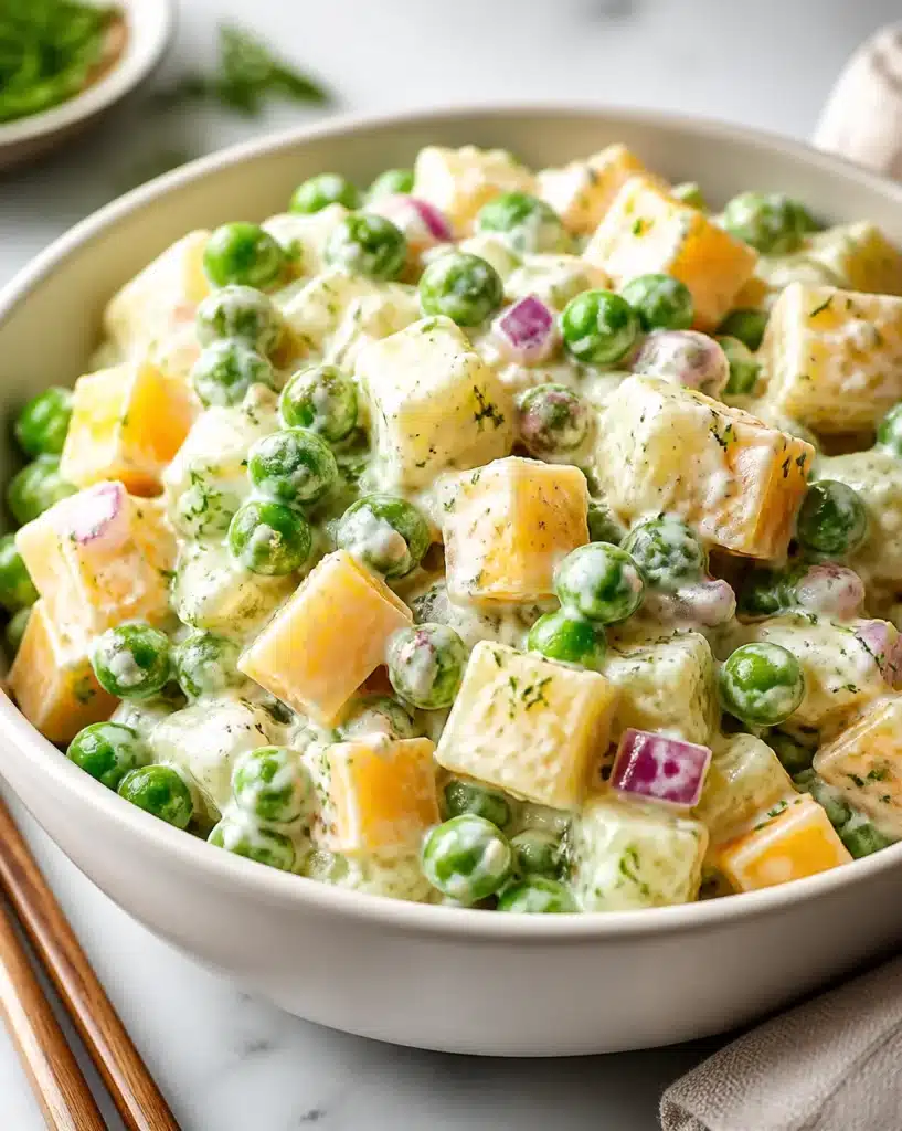 Delicious traditional pea and cheese salad with fresh ingredients