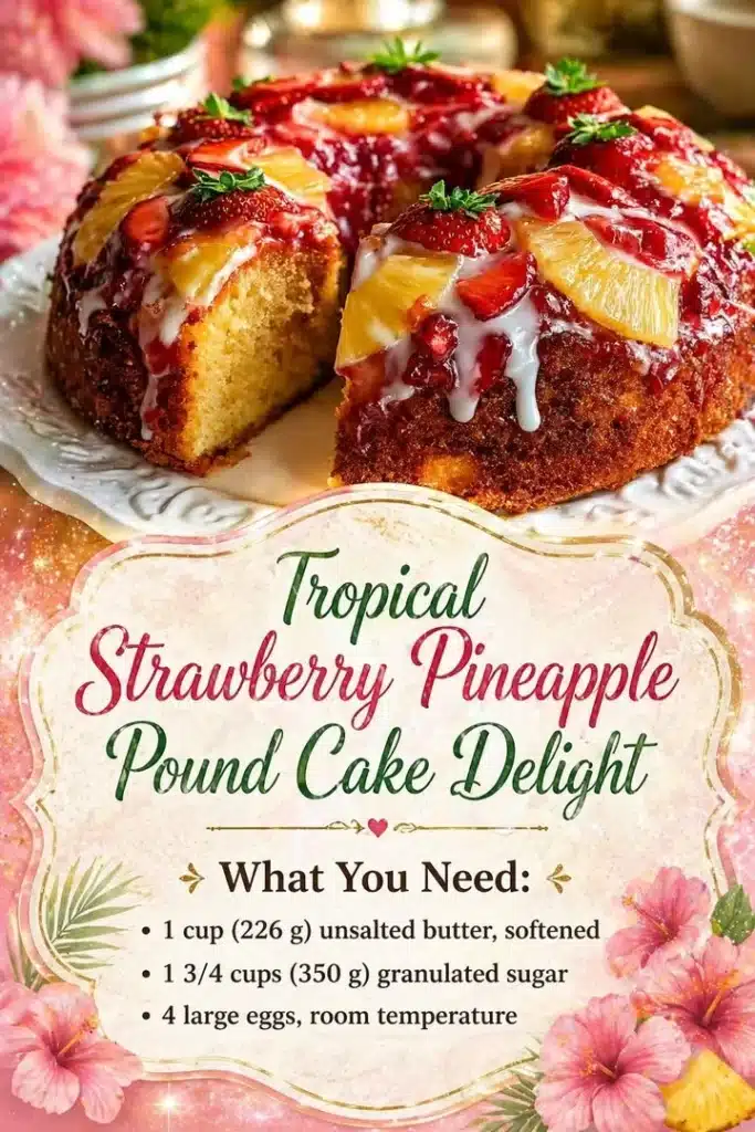 Tropical Strawberry Pineapple Pound Cake with fresh strawberries and pineapples.