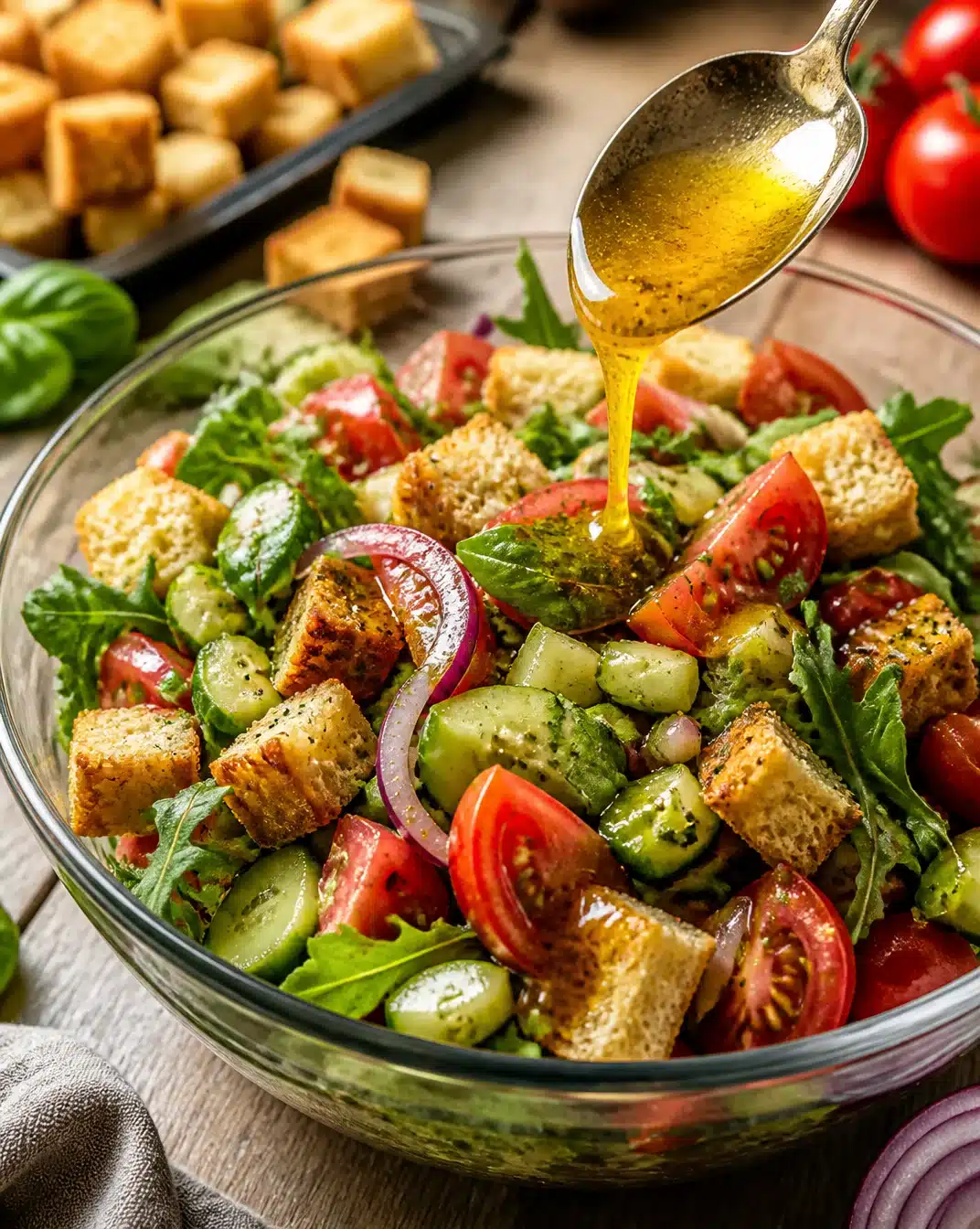 A vibrant bowl of Tuscan Bread Salad with fresh vegetables and chunks of bread