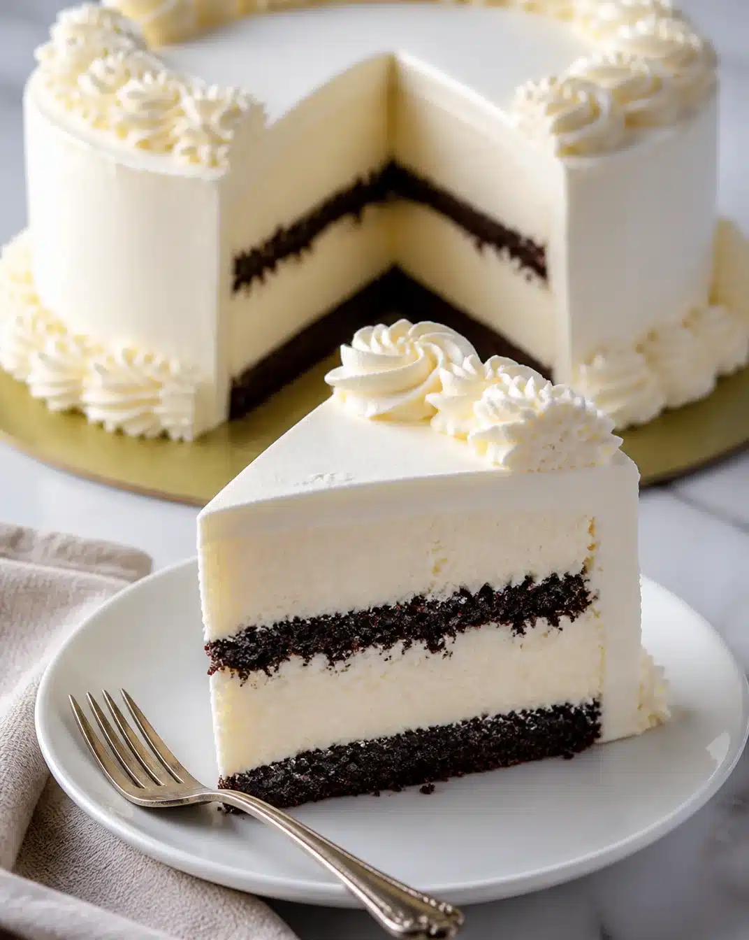Delicious vanilla ice cream cake layered with whipped cream and cherries