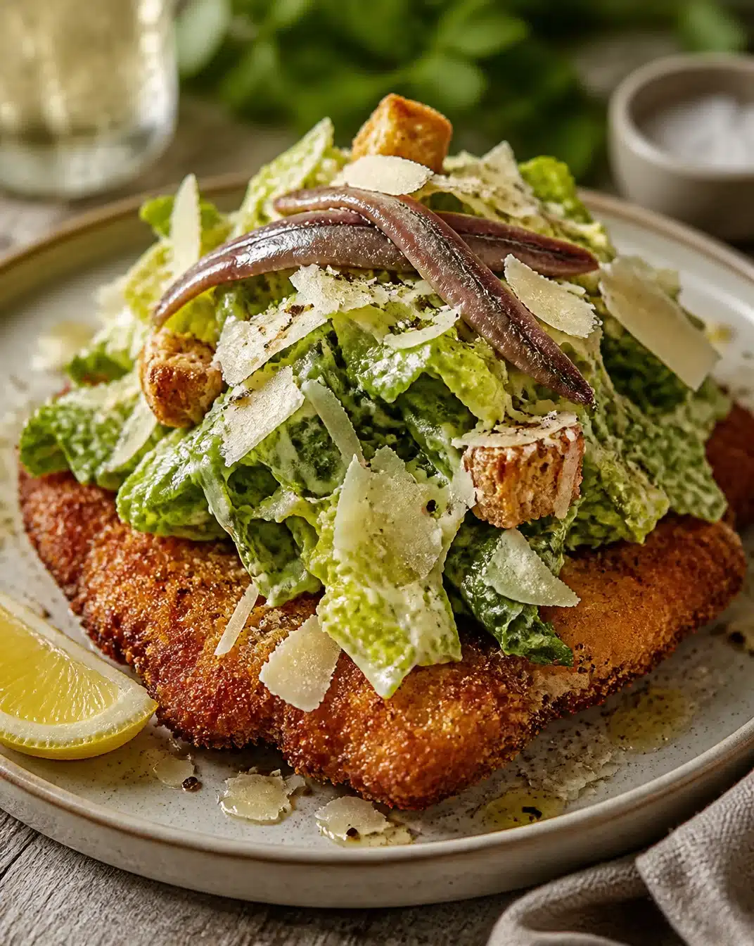 Viral Caesar salad on a crispy chicken cutlet, showcasing fresh ingredients and presentation.