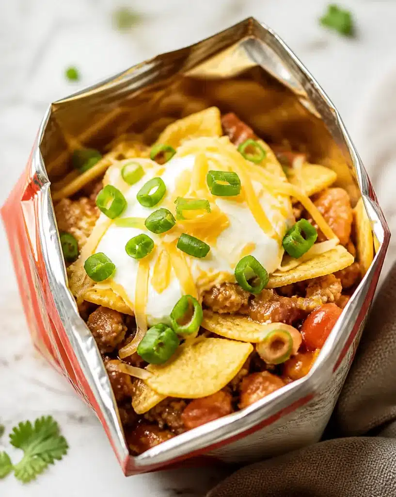 A delicious serving of walking tacos in a portable bag with colorful toppings.