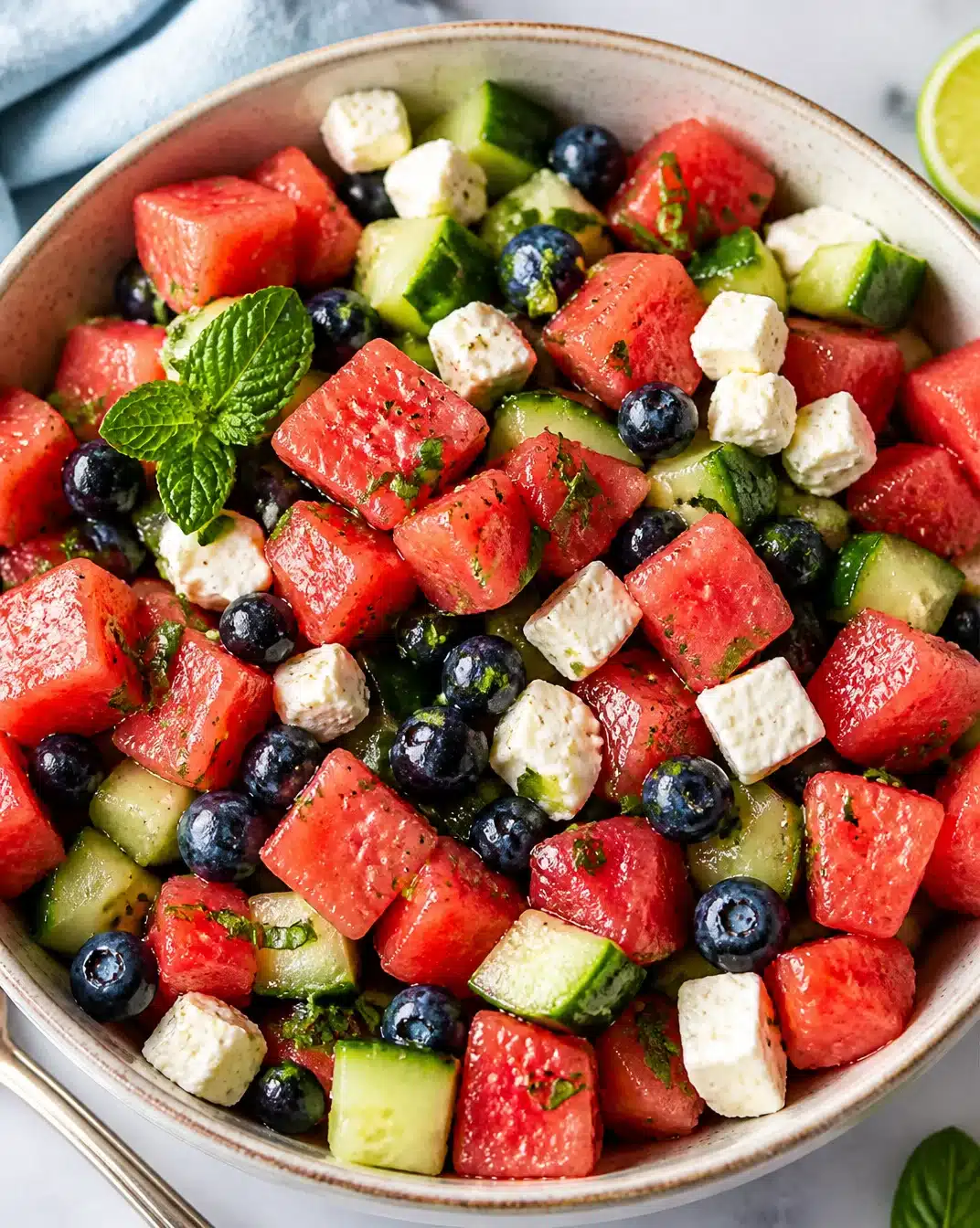 Watermelon and Feta Salad 1 Fresh Watermelon Feta Salad with mint and feta cheese on a plate