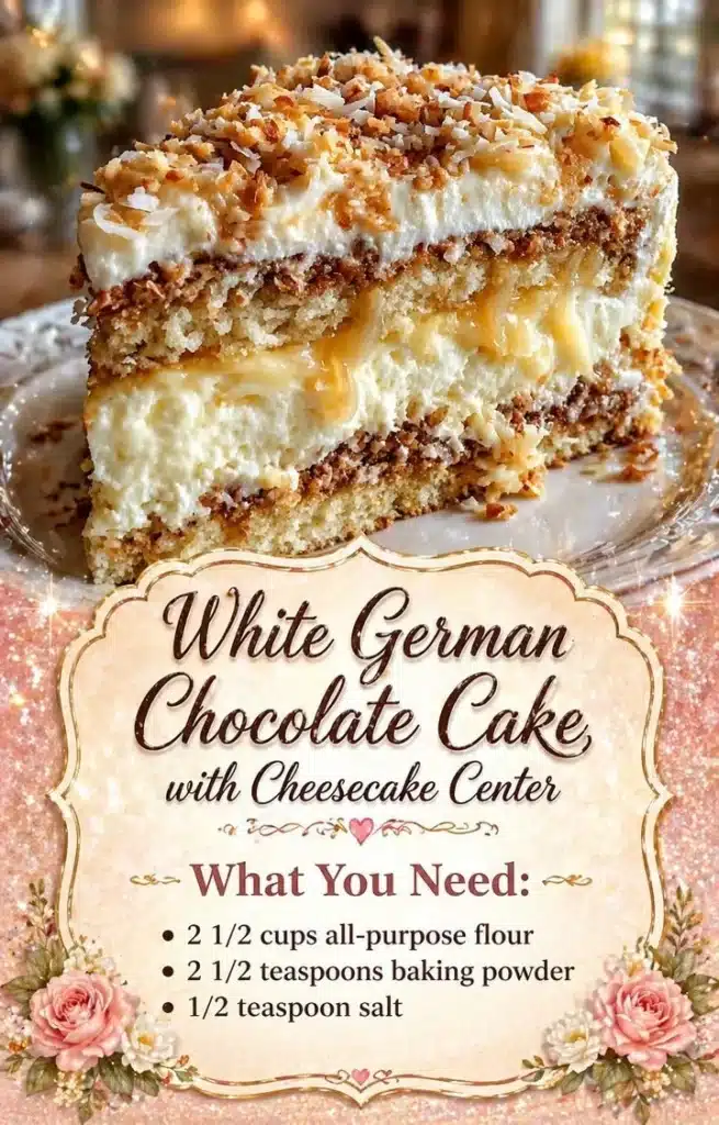 White German Chocolate Cake with Cheesecake Center, a decadent dessert delight.