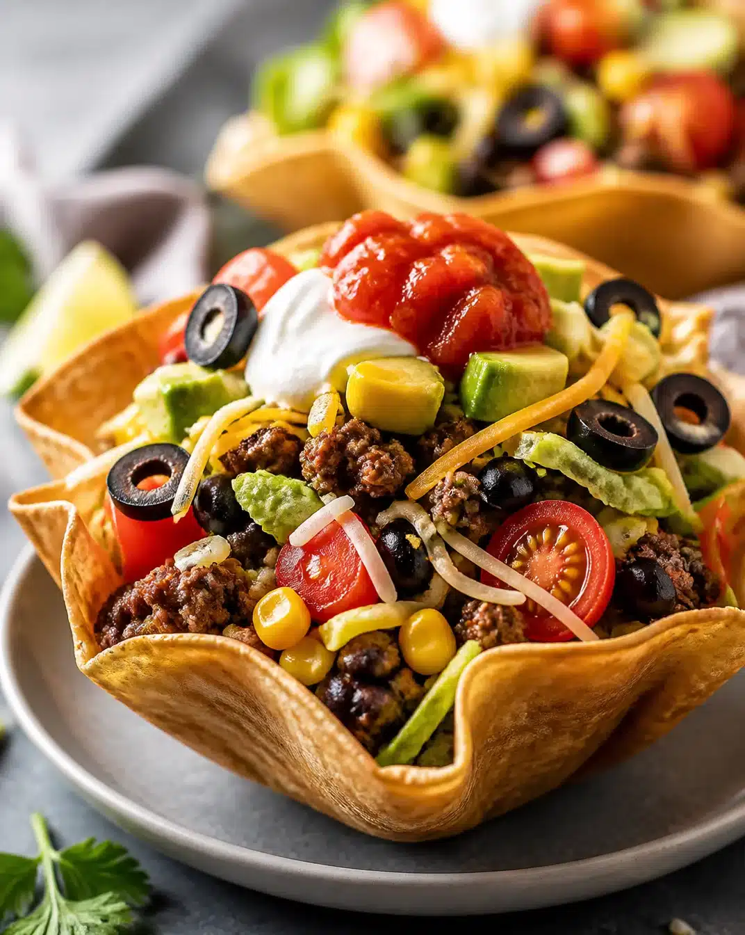 Wholesome taco salad with fresh ingredients and colorful toppings.