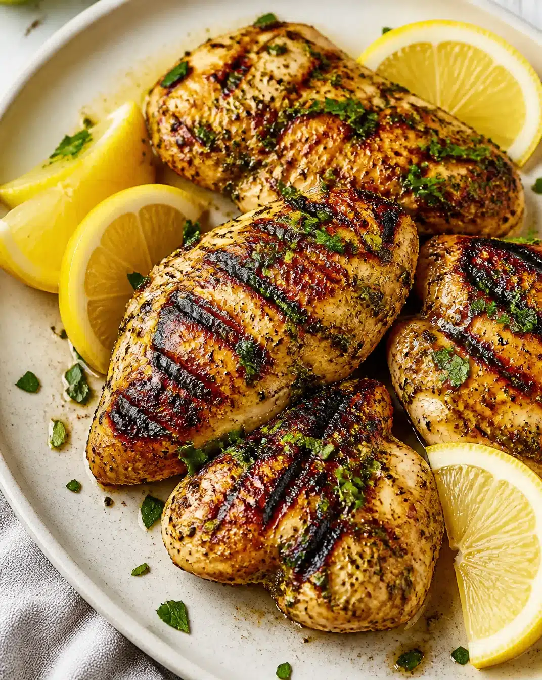 Lemon garlic chicken marinated for flavor and tenderness before grilling.
