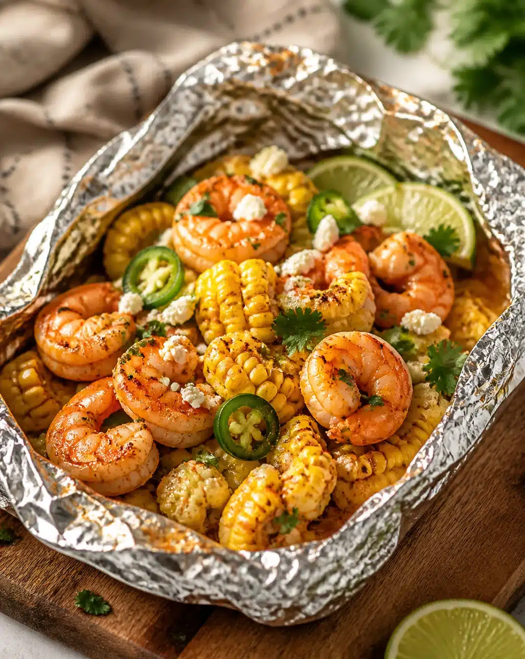 Zesty Shrimp and Street Corn Foil Packets 1 Zesty shrimp and street corn foil packets ready for grilling