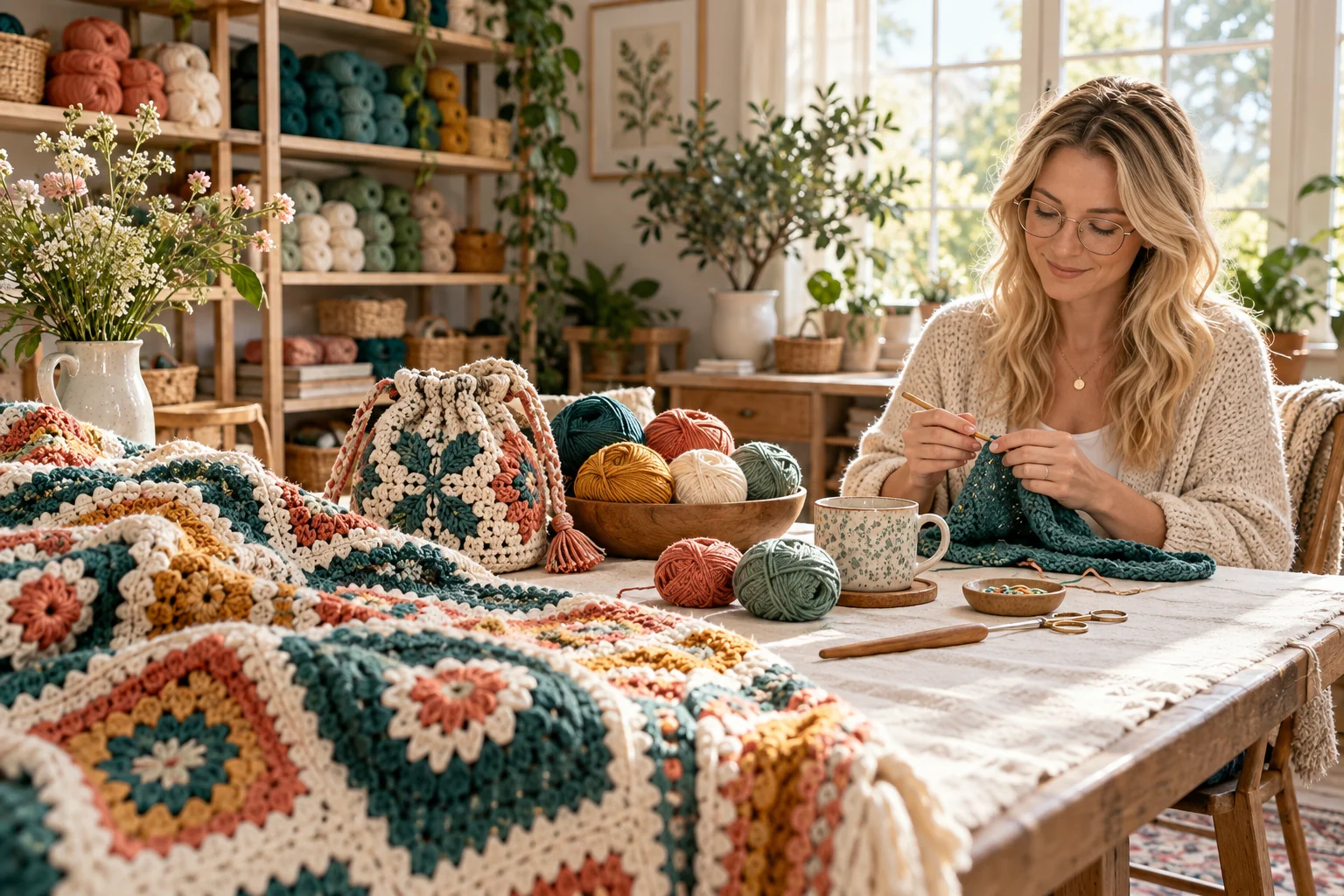Salma crocheting a colorful blanket in a bright yarn studio