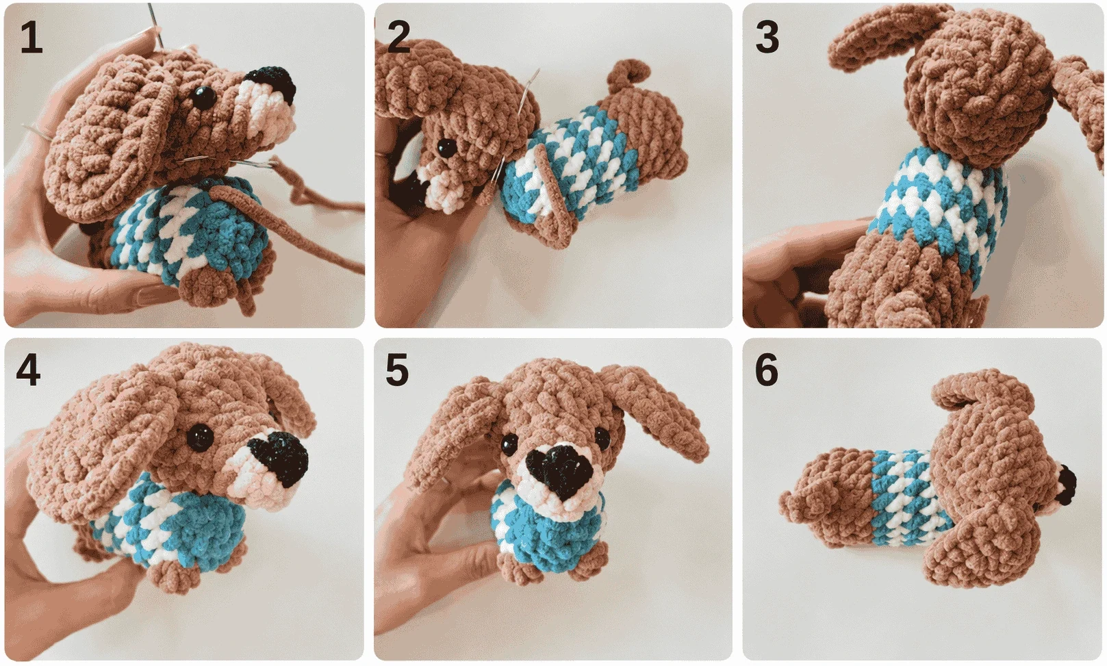 Six photos showing the dachshund’s ears and head being sewn to the brown, green, and white striped body, followed by front and side views of the finished crochet puppy.