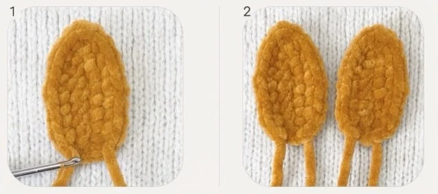 Crochet baby rabbit ears shown before and after finishing.
