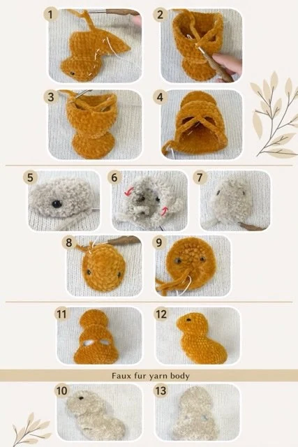 Crochet pattern baby rabbit head and body construction guide, including velvet and faux fur techniques.