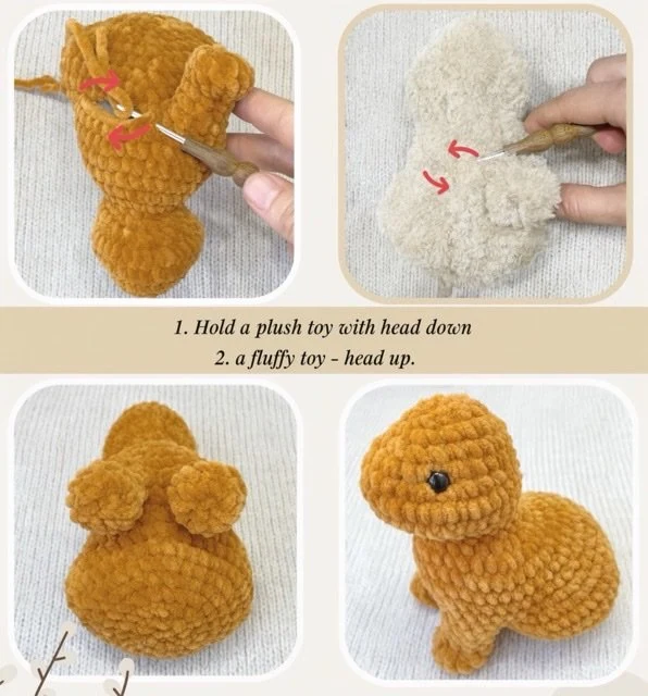 Crochet baby rabbit foreleg placement and working direction for velvet and faux fur yarn.