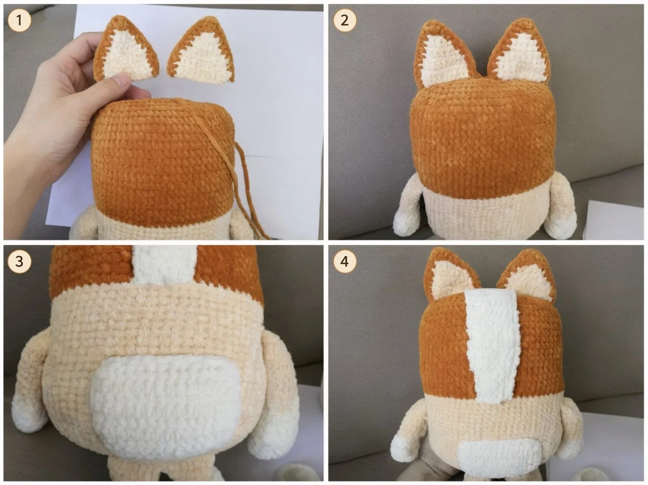 Finished Bluey and Bingo crochet plush face and body assembly reference