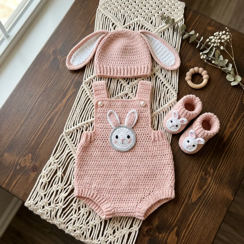 Blush Pink Bunny Baby Romper Set Free Crochet Pattern