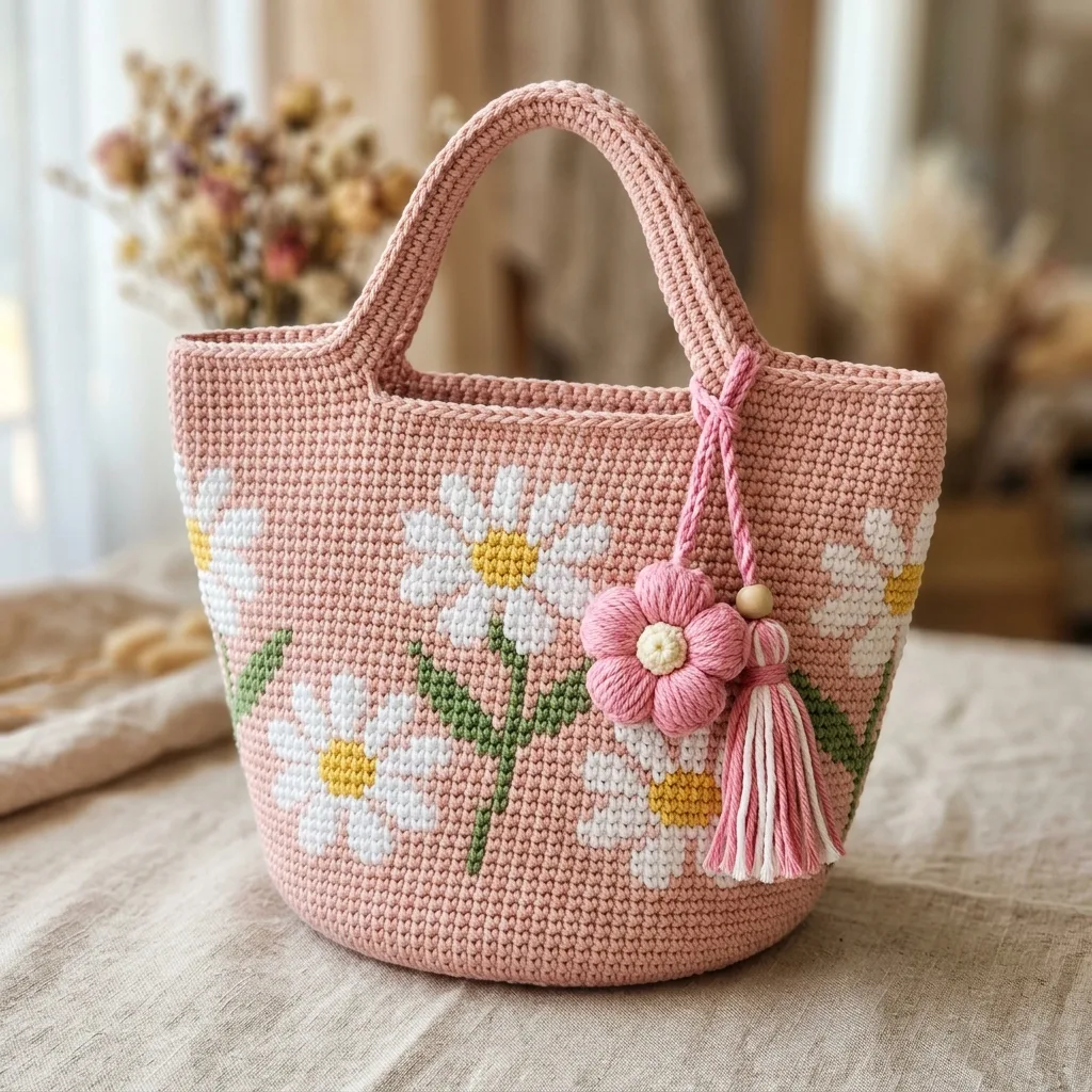 Blush Pink Daisy Crochet Tote Free Pattern