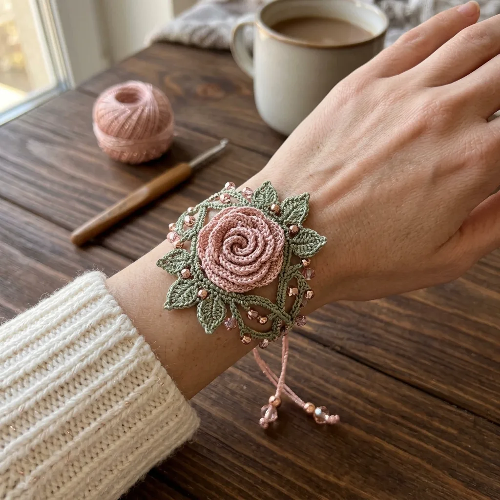 Blush Pink Rose Vine Bracelet Free Crochet Pattern