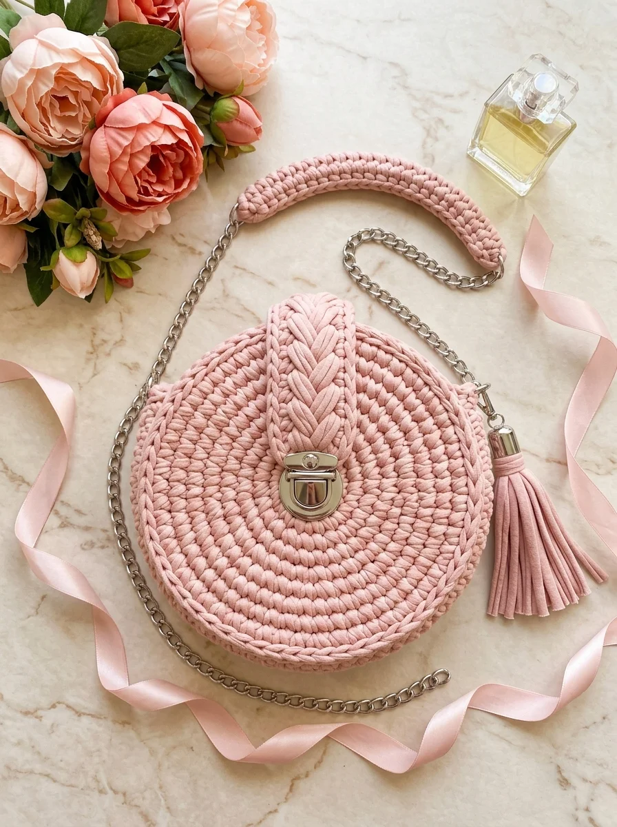 Blush Pink Round Chain Bag Free Crochet Pattern