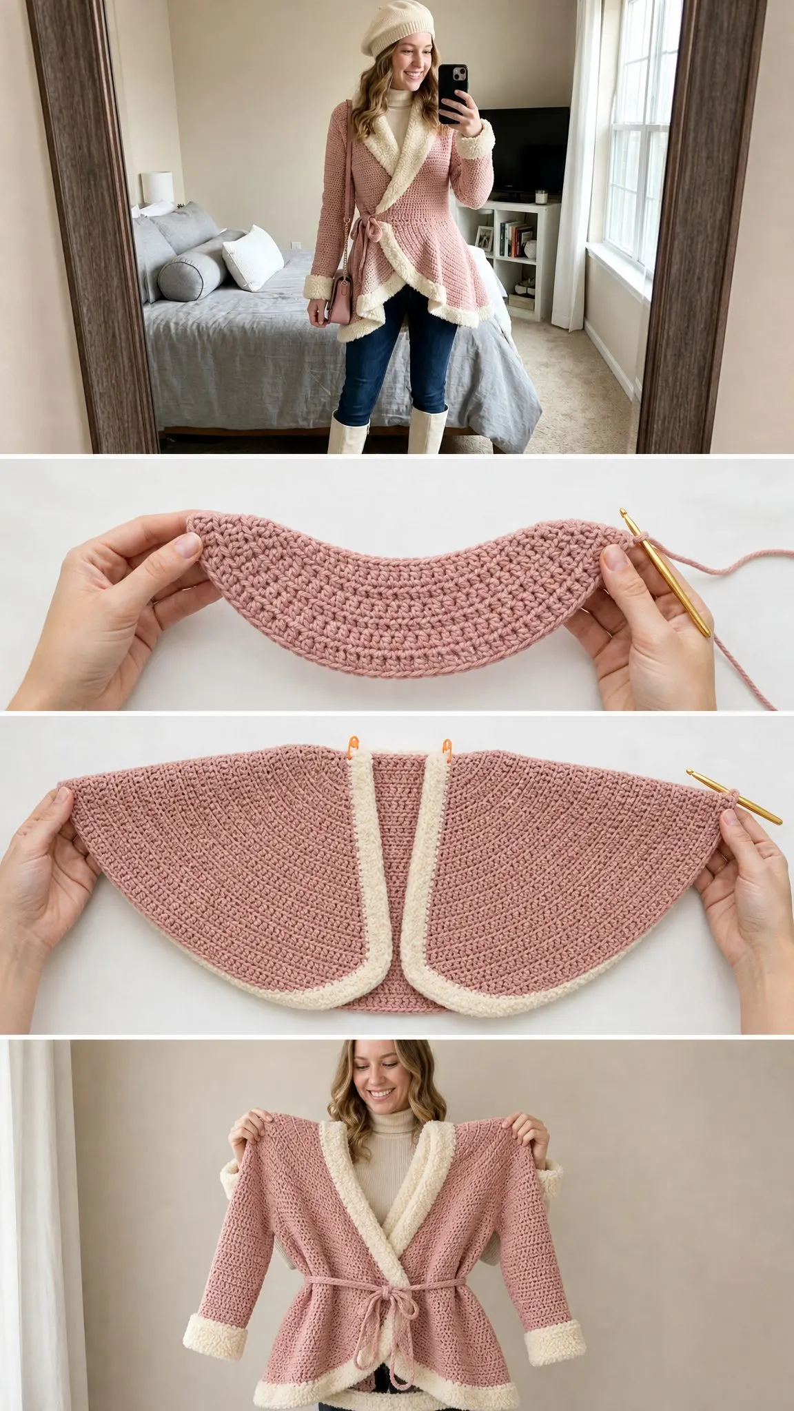 Blush Pink Shearling Crochet Cardigan Free Crochet Pattern