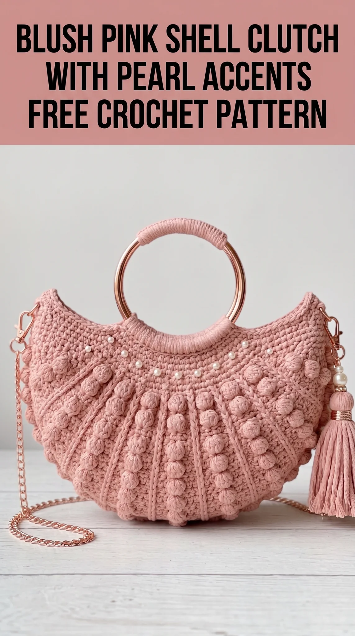 Blush Pink Shell Clutch with Pearl Accents Free Crochet Pattern