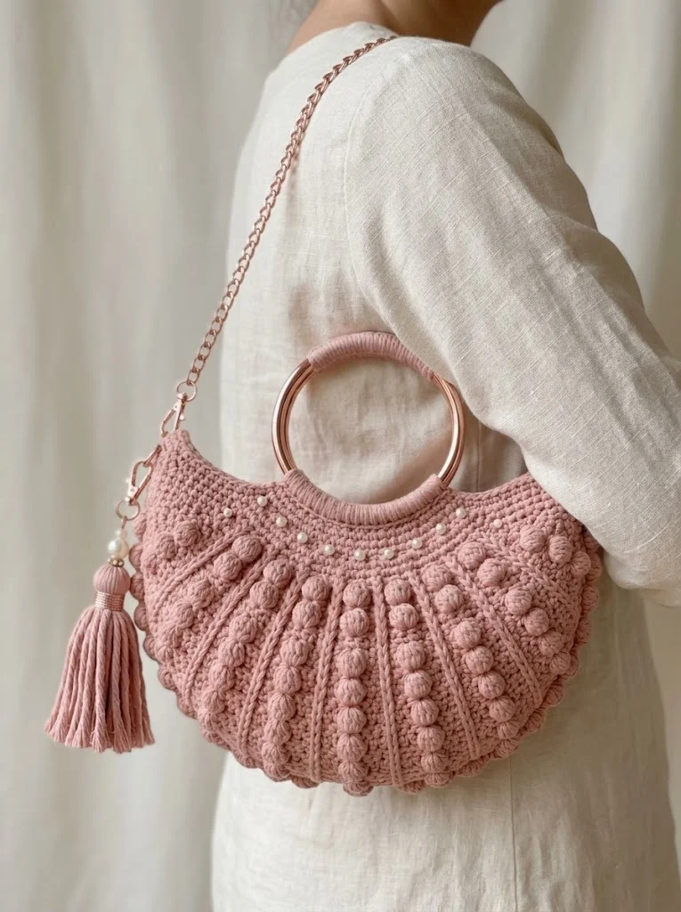 Blush Pink Shell Clutch with Pearl Accents Free Crochet Pattern