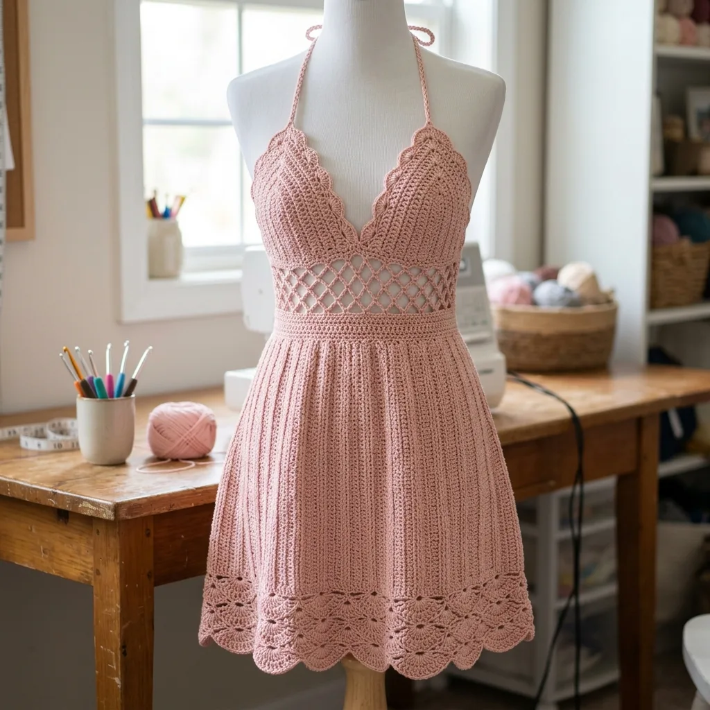 Blush Pink Shell Stitch Halter Dress Free Crochet Pattern