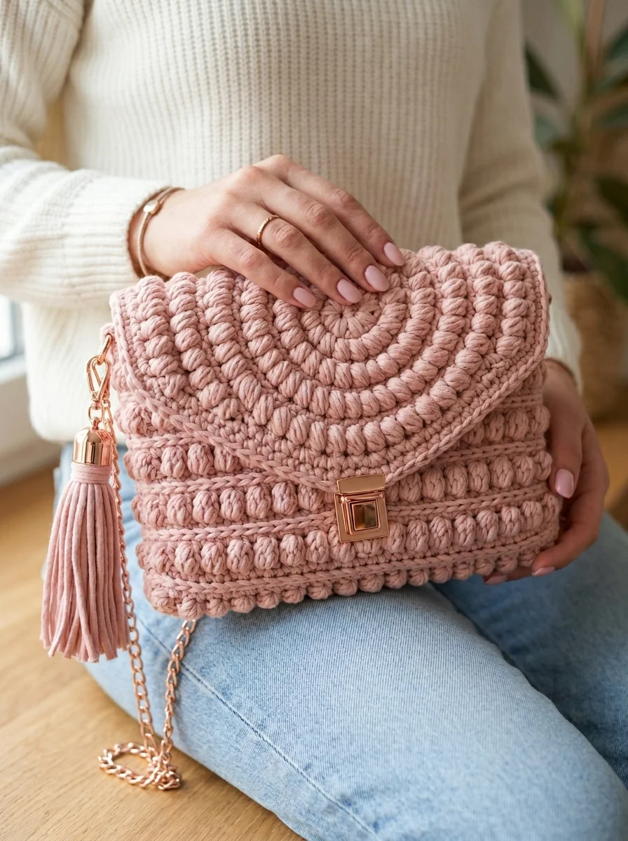Blush Pink Spiral Envelope Clutch Free Crochet Pattern