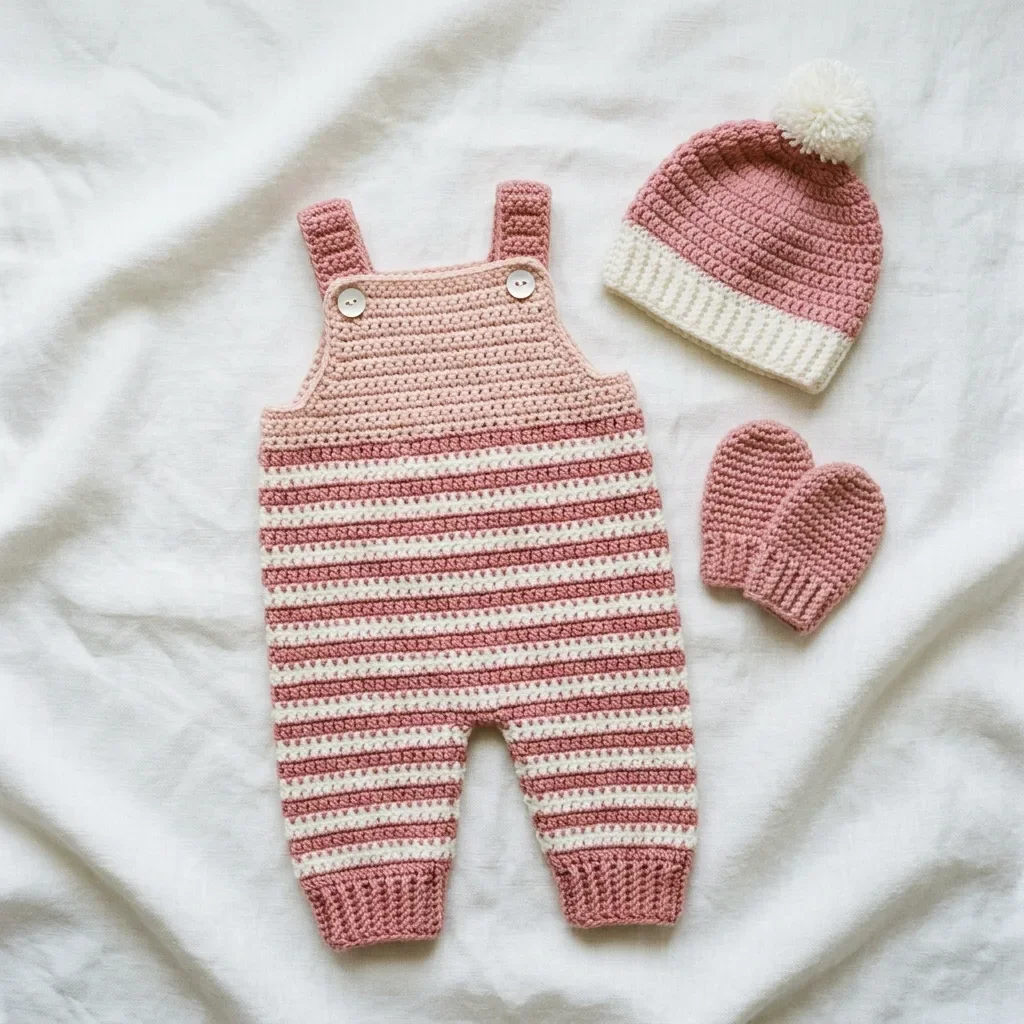 Blush Pink Striped Baby Romper Set Free Crochet Pattern