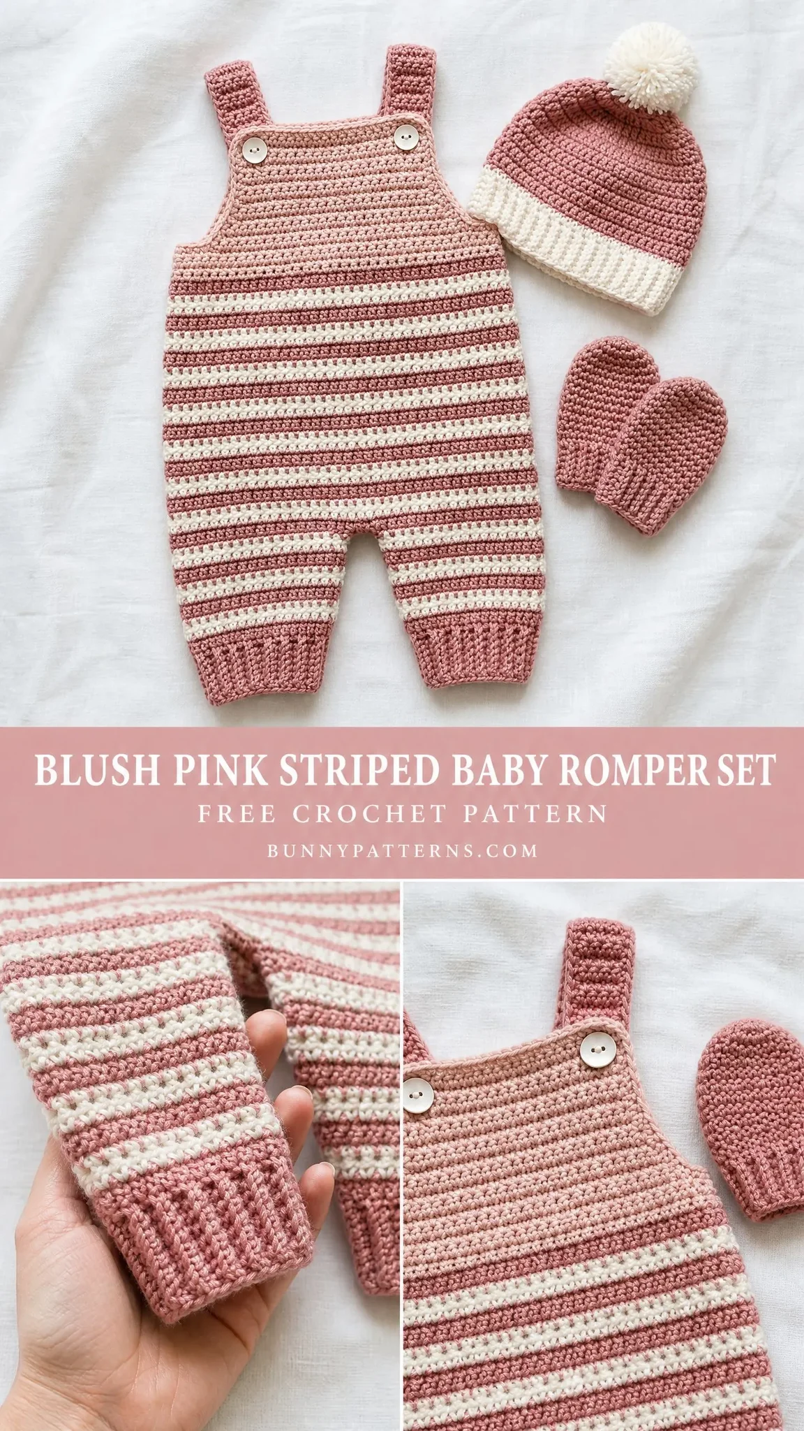Blush Pink Striped Baby Romper Set Free Crochet Pattern