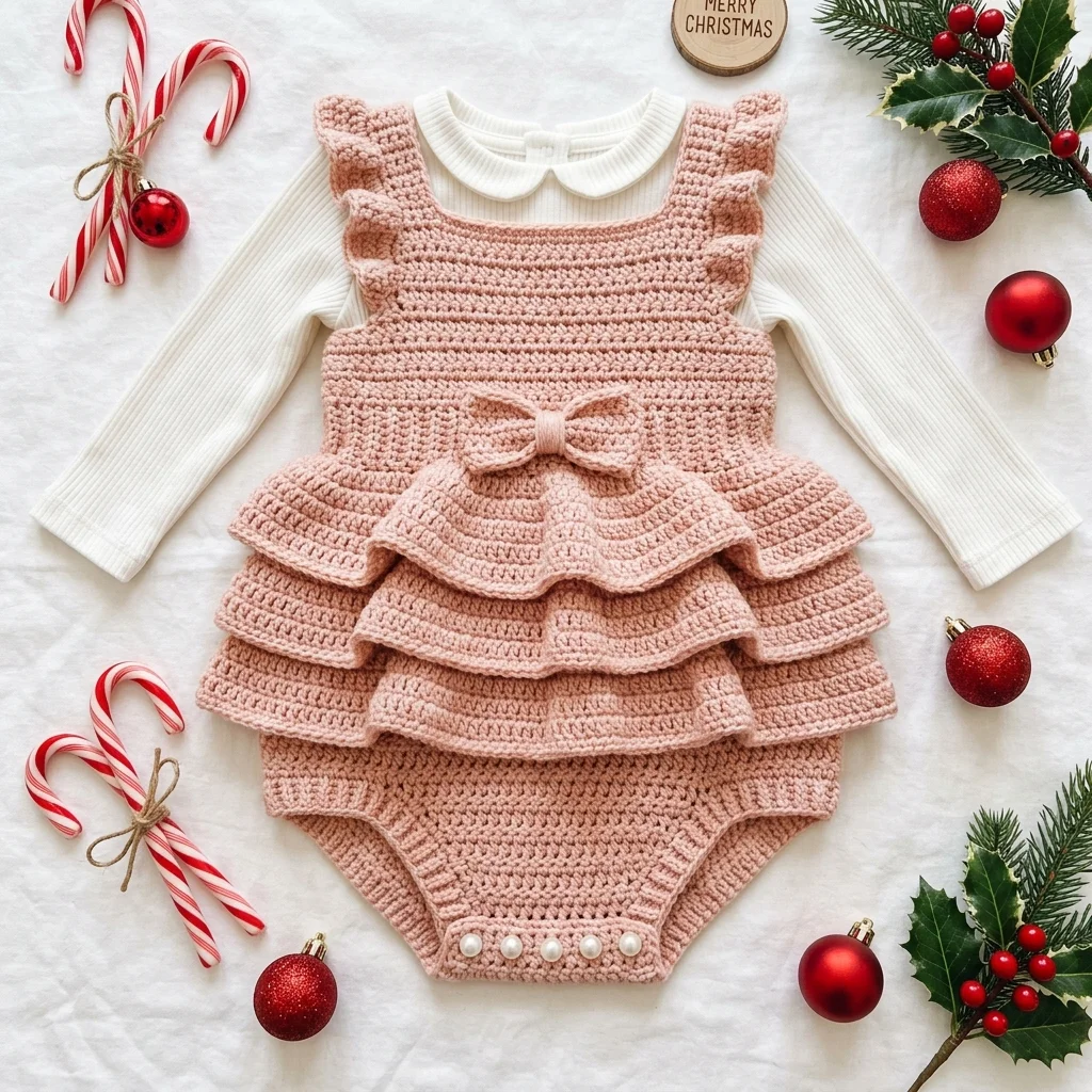 Blush Pink Tiered Baby Romper Free Crochet Pattern