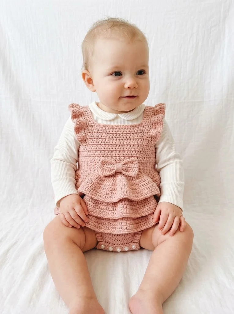 Blush Pink Tiered Baby Romper Free Crochet Pattern
