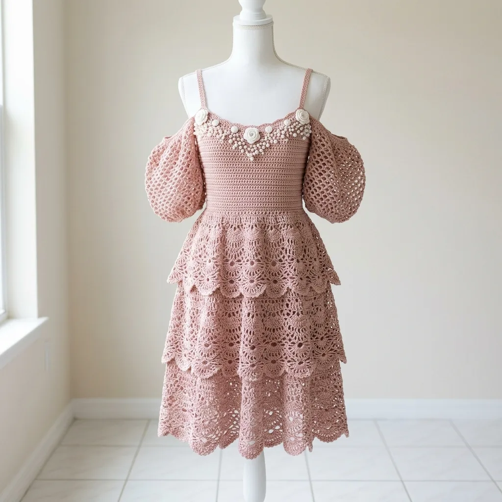Blush Pink Tiered Lace Puff Sleeve Dress Free Crochet Pattern