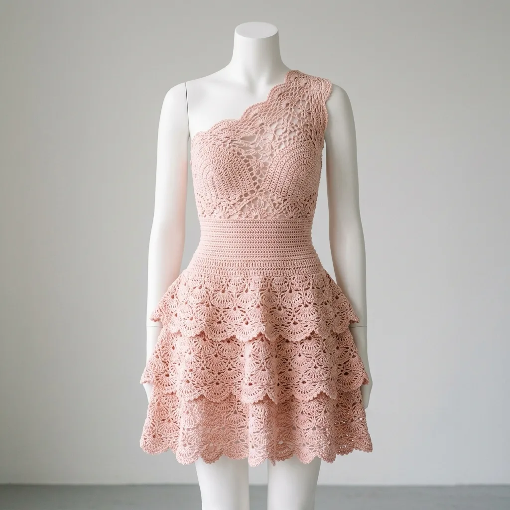 Blush Pink Tiered Ruffle One-Shoulder Dress Crochet Pattern