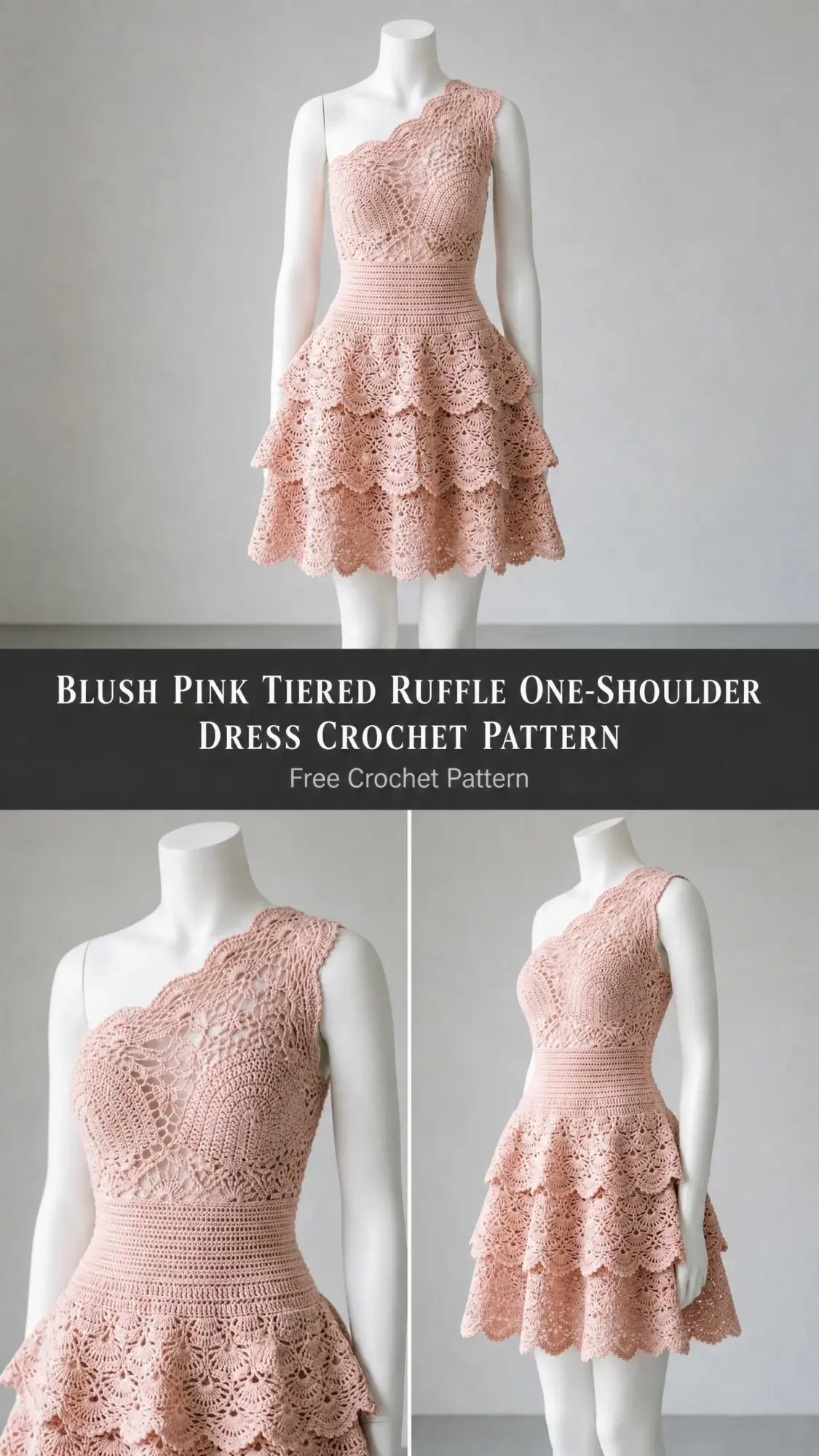 Blush Pink Tiered Ruffle One-Shoulder Dress Crochet Pattern