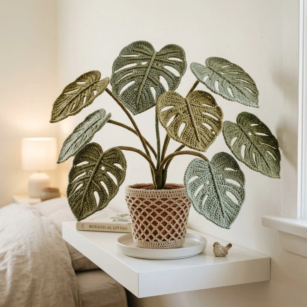 Boho Monstera Crochet Plant for Bedroom Shelf Decor