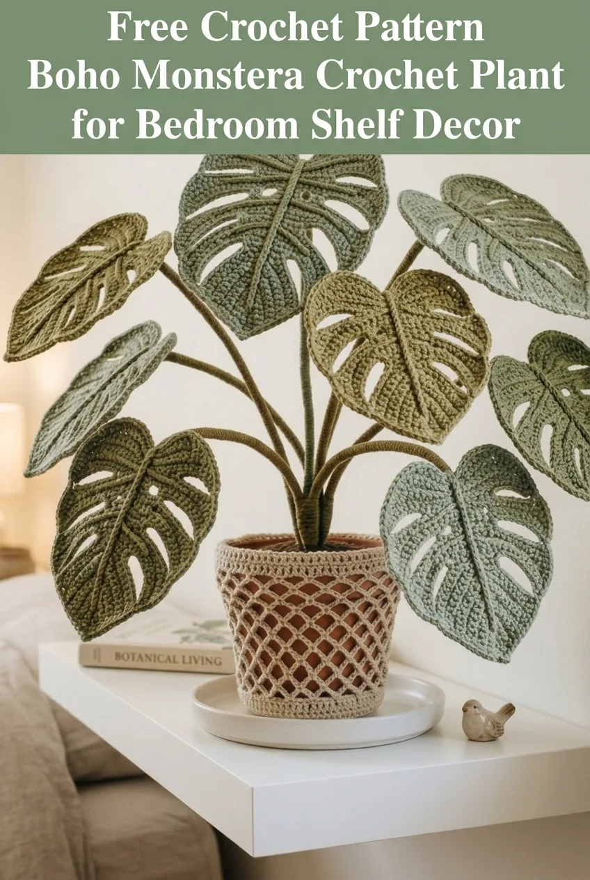 Boho Monstera Crochet Plant for Bedroom Shelf Decor