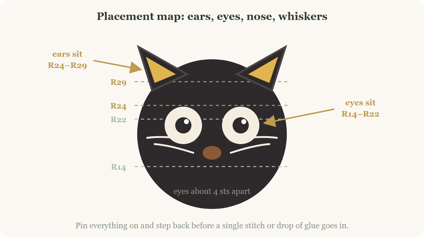 Ear, eye and whisker placement map for the crochet black cat plushie
