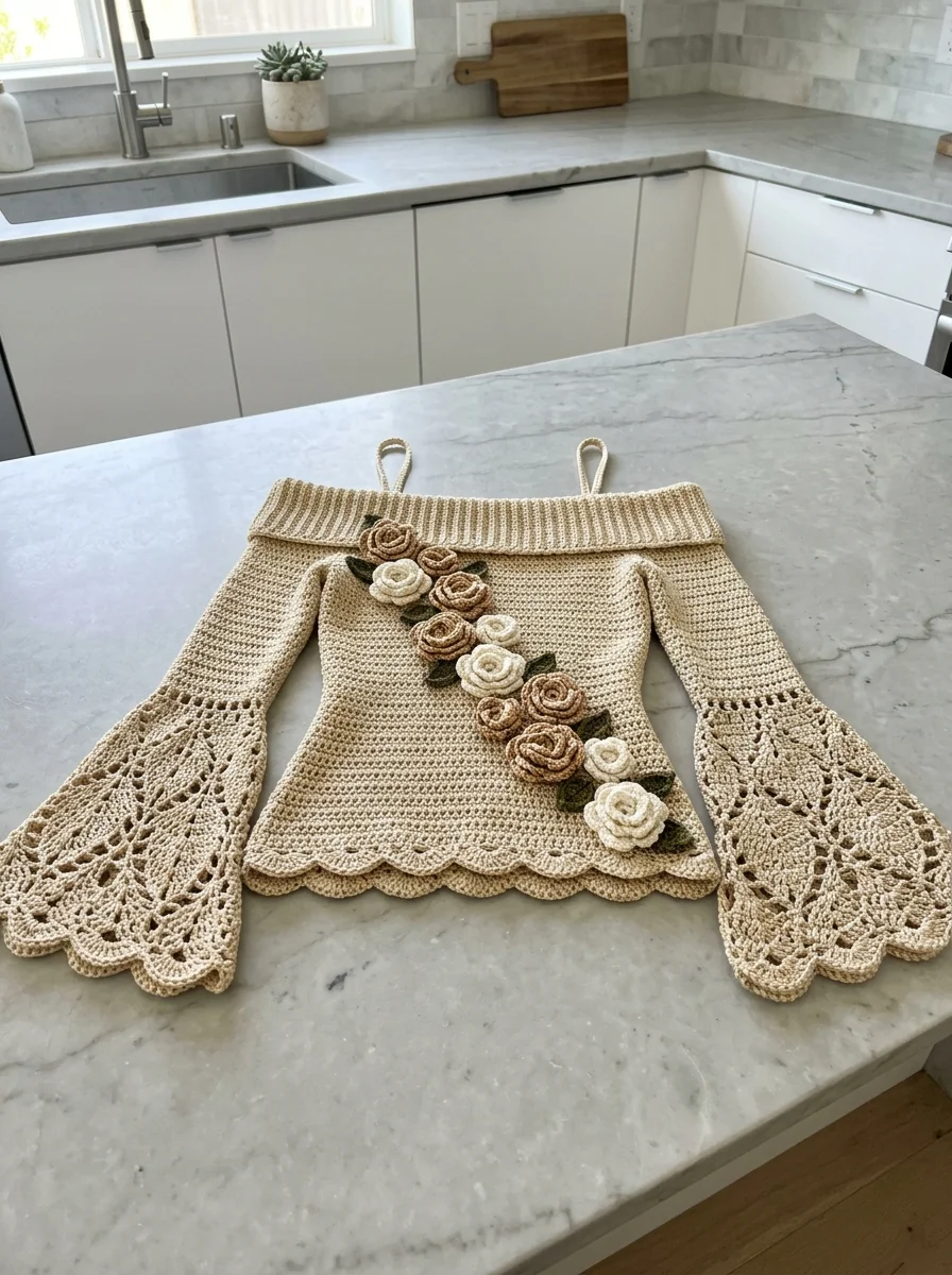 Champagne Gold Bell Sleeve Crochet Top Free Pattern